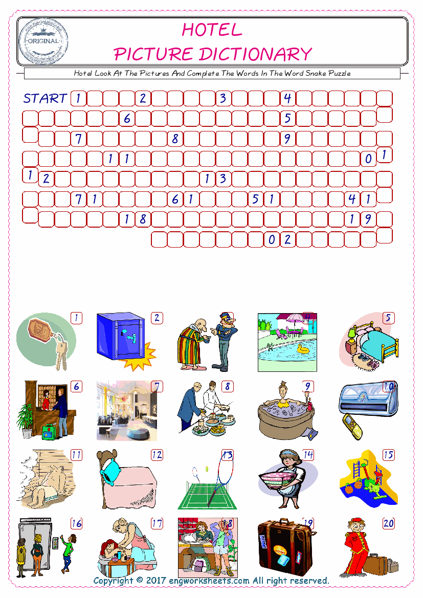  Check the Illustrations of Hotel english worksheets for kids, and Supply the Missing Words in the Word Snake Puzzle ESL play. 